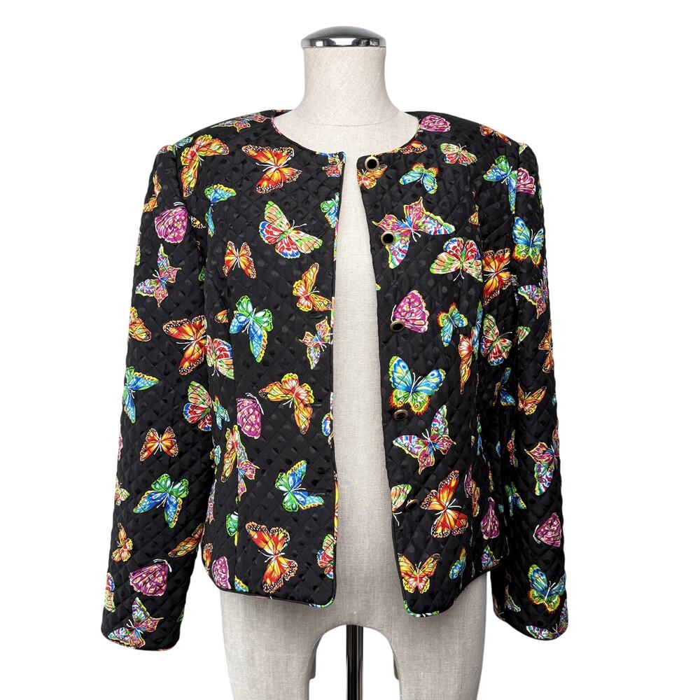Maggy London Silk Jacquard Butterfly Quilted Jacket Black Vintage 90s Women 12